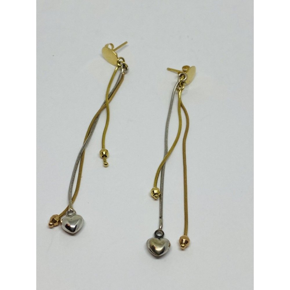 Solid 14k Tri Color 3 strand Omega Dangle Drop Earrings Hearts Beads 3” - Picture 1 of 6